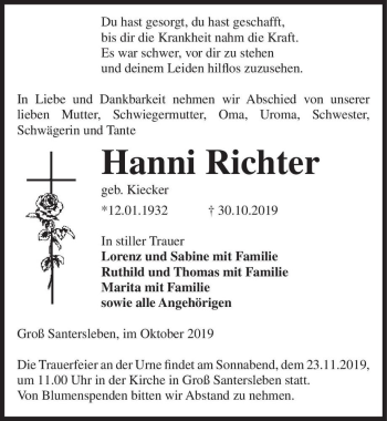 Traueranzeige von Hanni Richter (geb. Kiecker)  von Magdeburger Volksstimme