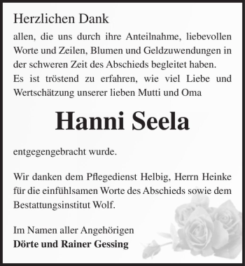 Traueranzeige von Hanni Seela  von Magdeburger Volksstimme