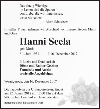 Traueranzeige von Hanni Seela (geb. Moth)  von Magdeburger Volksstimme