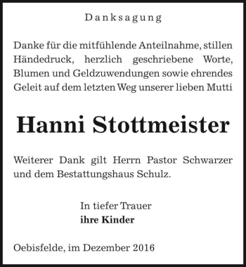 Traueranzeige von Hanni Stottmeister  von Magdeburger Volksstimme