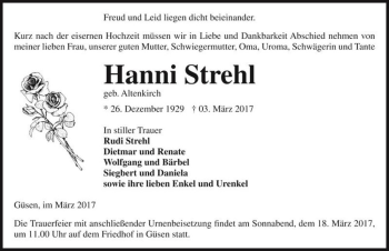 Traueranzeige von Hanni Strehl (geb. Altenkirsch)  von Magdeburger Volksstimme