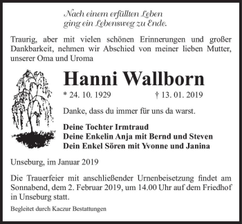 Traueranzeige von Hanni Wallborn  von Magdeburger Volksstimme