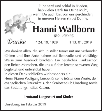 Traueranzeige von Hanni Wallborn (geb. Brüning)  von Magdeburger Volksstimme