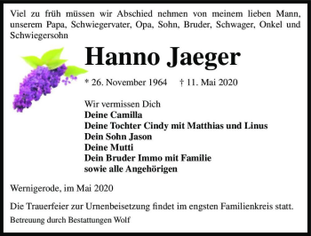 Traueranzeige von Hanno Jaeger  von Magdeburger Volksstimme