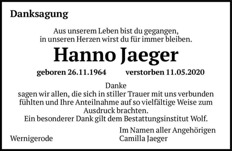  Traueranzeige für Hanno Jaeger  vom 13.06.2020 aus Magdeburger Volksstimme