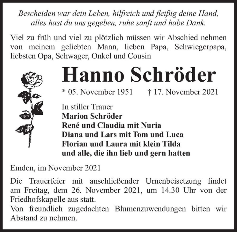  Traueranzeige für Hanno Schröder  vom 23.11.2021 aus Magdeburger Volksstimme