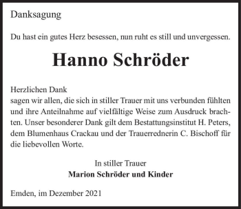 Traueranzeige von Hanno Schröder  von Magdeburger Volksstimme