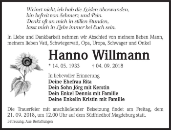Traueranzeige von Hanno Willmann  von Magdeburger Volksstimme