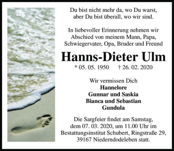 Traueranzeige von Hanns-Dieter Ulm  von Magdeburger Volksstimme