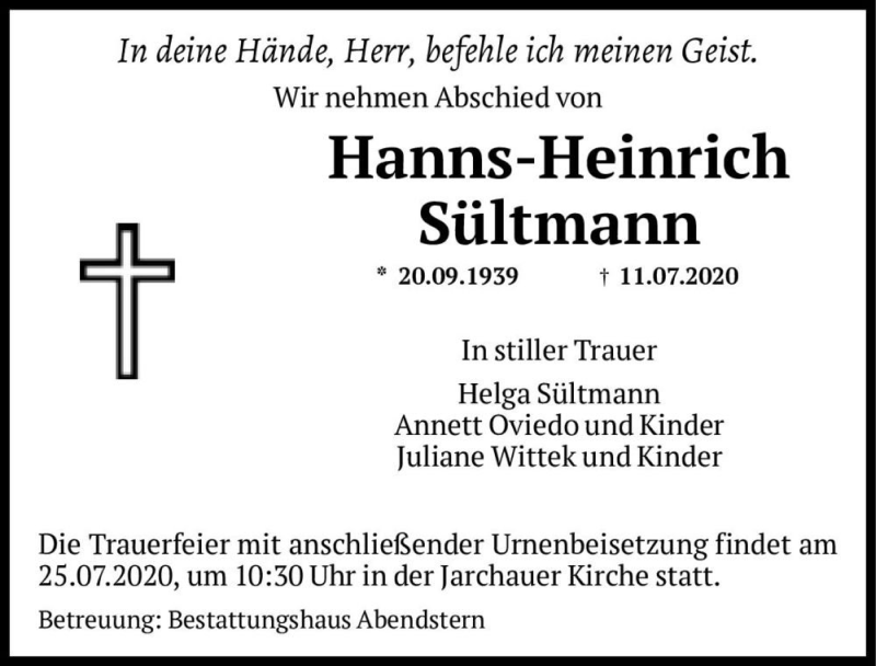  Traueranzeige für Hanns-Heinrich Sültmann  vom 18.07.2020 aus Magdeburger Volksstimme