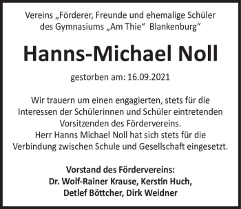 Traueranzeige von Hanns-Michael Noll  von Magdeburger Volksstimme
