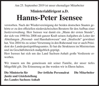 Traueranzeige von Hanns-Peter Isensee  von Magdeburger Volksstimme