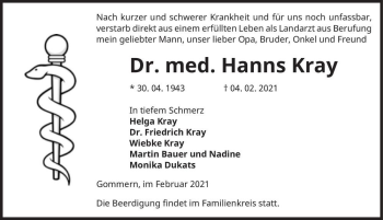 Traueranzeige von Hanns Kray  von Magdeburger Volksstimme