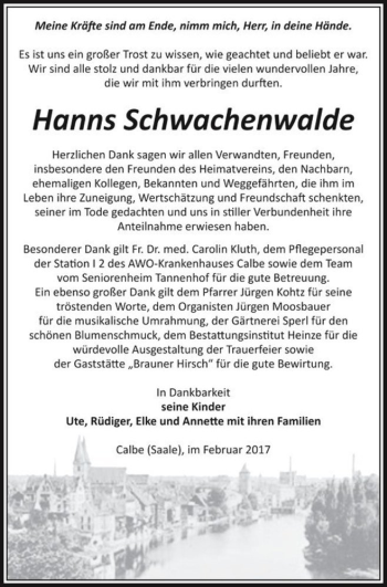 Traueranzeige von Hanns Schwachenwalde  von Magdeburger Volksstimme