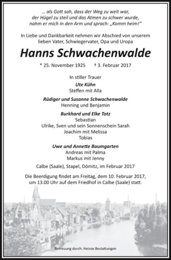Traueranzeige von Hanns Schwachenwalde  von Magdeburger Volksstimme