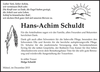 Traueranzeige von Hans-Achim Schuldt  von Magdeburger Volksstimme