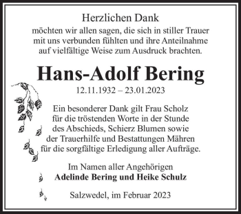 Traueranzeige von Hans-Adolf Bering  von Magdeburger Volksstimme