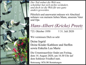 Traueranzeige von Hans-Albert (Kricke) Preetz  von Magdeburger Volksstimme