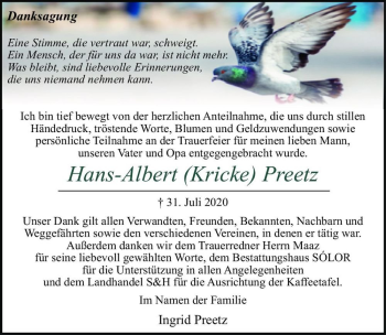 Traueranzeige von Hans-Albert Preetz  von Magdeburger Volksstimme