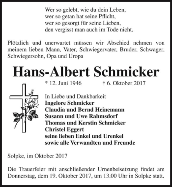 Traueranzeige von Hans-Albert Schmicker  von Magdeburger Volksstimme