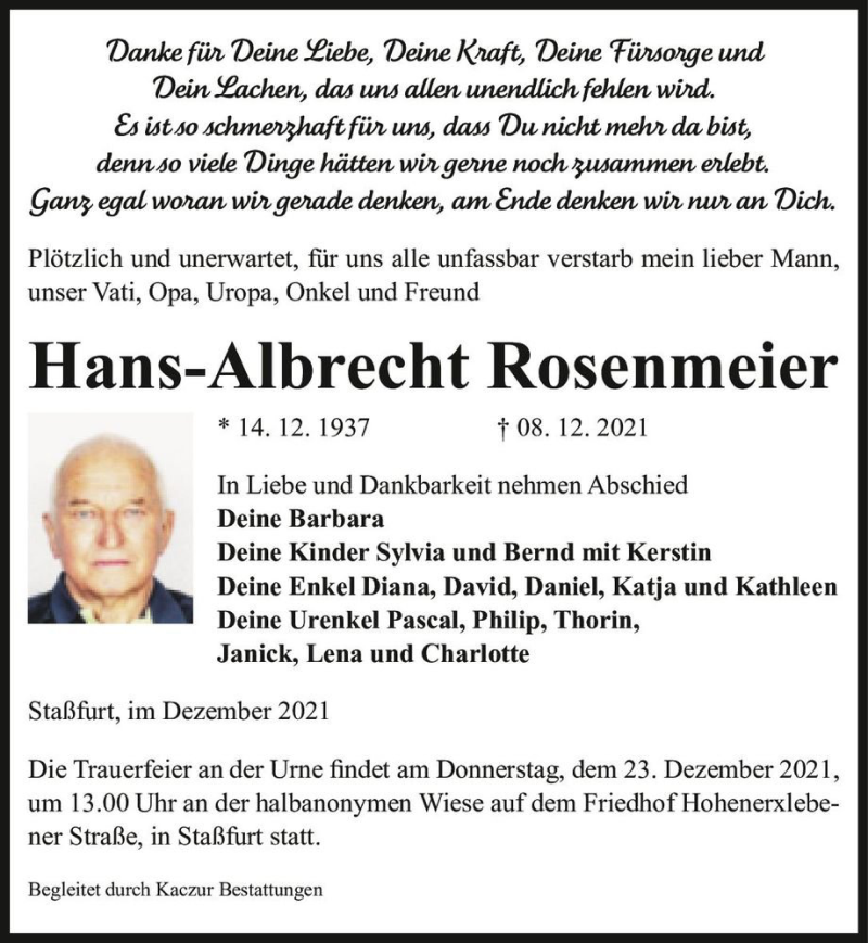  Traueranzeige für Hans-Albrecht Rosenmeier  vom 15.12.2021 aus Magdeburger Volksstimme