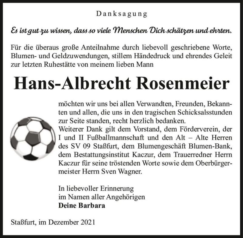  Traueranzeige für Hans-Albrecht Rosenmeier  vom 31.12.2021 aus Magdeburger Volksstimme