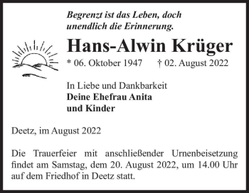 Traueranzeige von Hans-Alwin Krüger  von Magdeburger Volksstimme