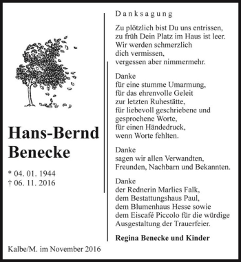 Traueranzeige von Hans-Bernd Benecke  von Magdeburger Volksstimme