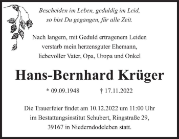 Traueranzeige von Hans-Bernhard Krüger  von Magdeburger Volksstimme