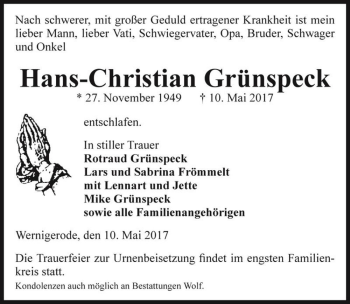 Traueranzeige von Hans-Christian Grünspeck  von Magdeburger Volksstimme