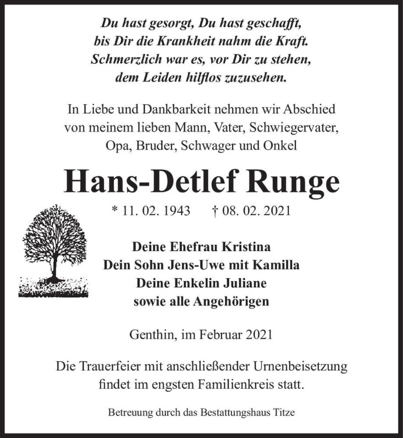  Traueranzeige für Hans-Detlef Runge  vom 06.03.2021 aus Magdeburger Volksstimme