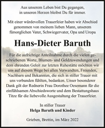 Traueranzeige von Hans-Dieter Baruth  von Magdeburger Volksstimme