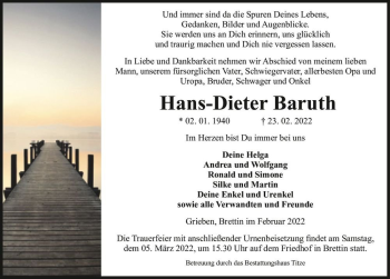 Traueranzeige von Hans-Dieter Baruth  von Magdeburger Volksstimme