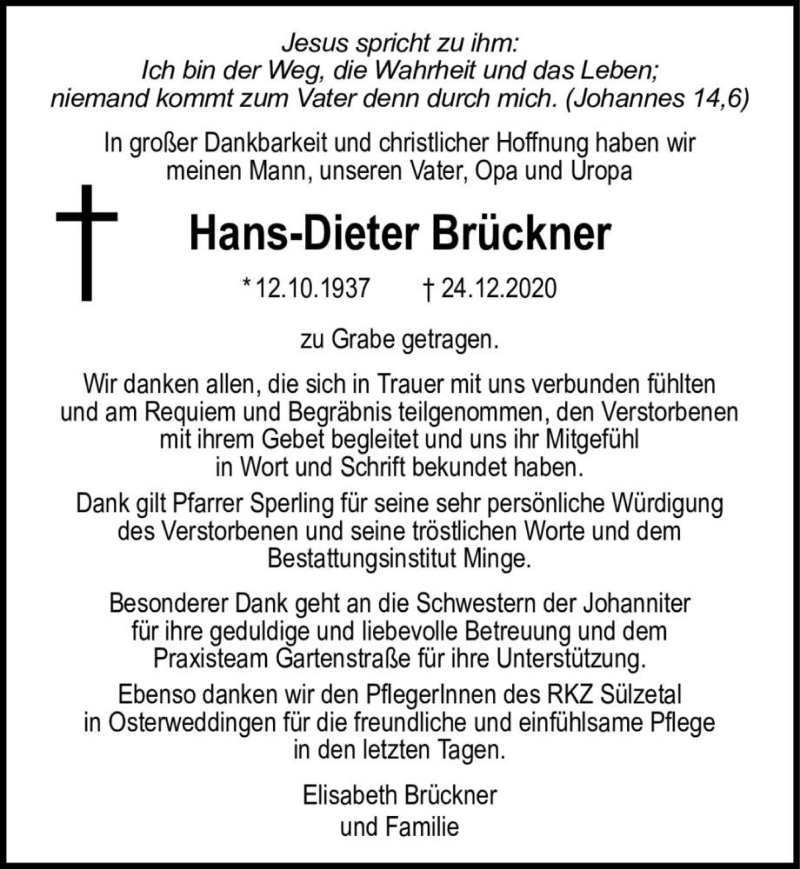  Traueranzeige für Hans-Dieter Brückner  vom 16.01.2021 aus Magdeburger Volksstimme