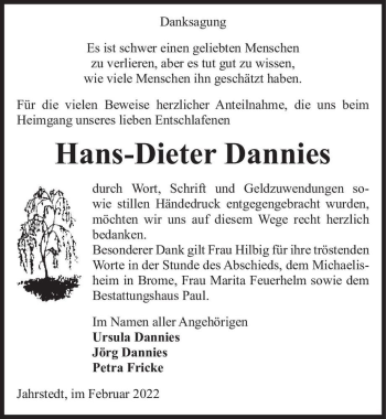 Traueranzeige von Hans-Dieter Dannies  von Magdeburger Volksstimme
