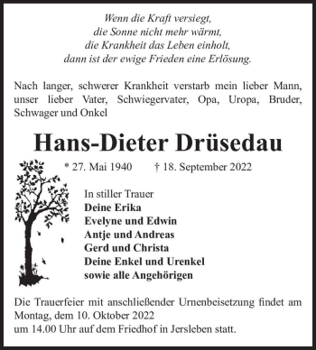 Traueranzeige von Hans-Dieter Drüsedau  von Magdeburger Volksstimme