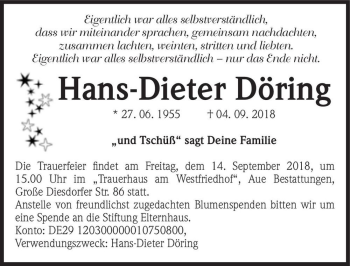 Traueranzeige von Hans-Dieter Döring  von Magdeburger Volksstimme