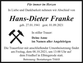 Traueranzeige von Hans-Dieter Franke  von Magdeburger Volksstimme