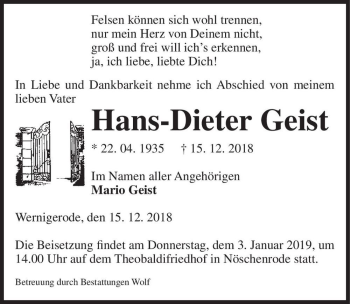 Traueranzeige von Hans-Dieter Geist  von Magdeburger Volksstimme