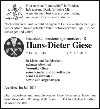 Traueranzeige von Hans-Dieter Giese  von Magdeburger Volksstimme