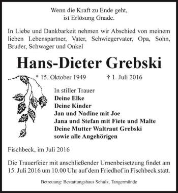 Traueranzeige von Hans-Dieter Grebski  von Magdeburger Volksstimme