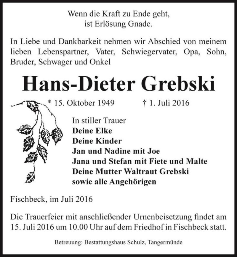  Traueranzeige für Hans-Dieter Grebski  vom 08.07.2016 aus Magdeburger Volksstimme
