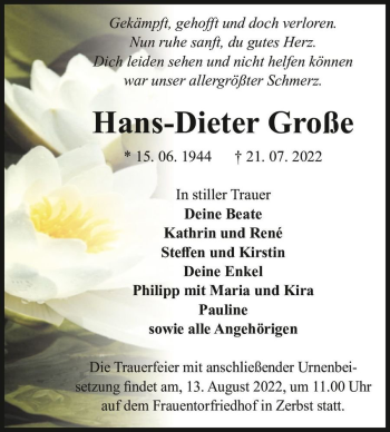 Traueranzeige von Hans-Dieter Große  von Magdeburger Volksstimme