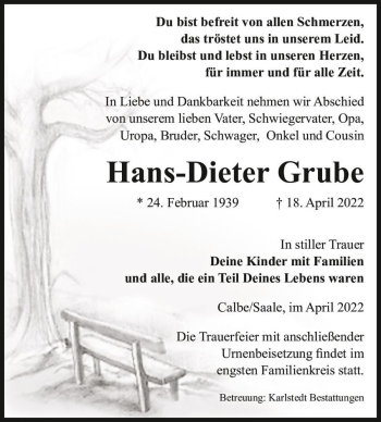 Traueranzeige von Hans-Dieter Grube  von Magdeburger Volksstimme