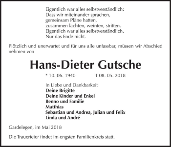 Traueranzeige von Hans-Dieter Gutsche  von Magdeburger Volksstimme