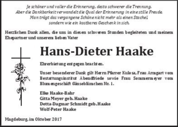 Traueranzeige von Hans-Dieter Haake  von Magdeburger Volksstimme