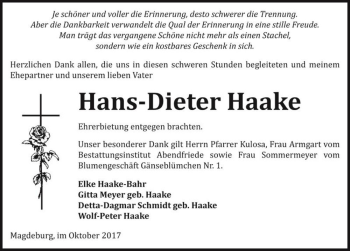 Traueranzeige von Hans-Dieter Haake  von Magdeburger Volksstimme
