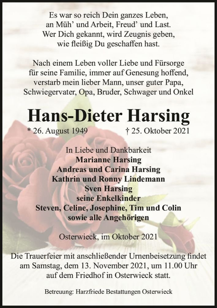  Traueranzeige für Hans-Dieter Harsing  vom 30.10.2021 aus Magdeburger Volksstimme