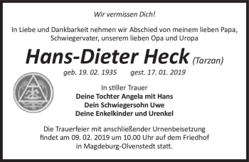 Traueranzeige von Hans-Dieter Heck (Tarzan)  von Magdeburger Volksstimme