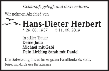 Traueranzeige von Hans-Dieter Herbert  von Magdeburger Volksstimme
